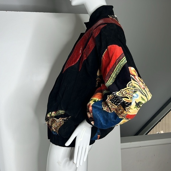 Cache Sz M Vintage Black Suede Snakeskin and Velvet Appliqué Bomber Zip Jacket - Picture 3 of 16